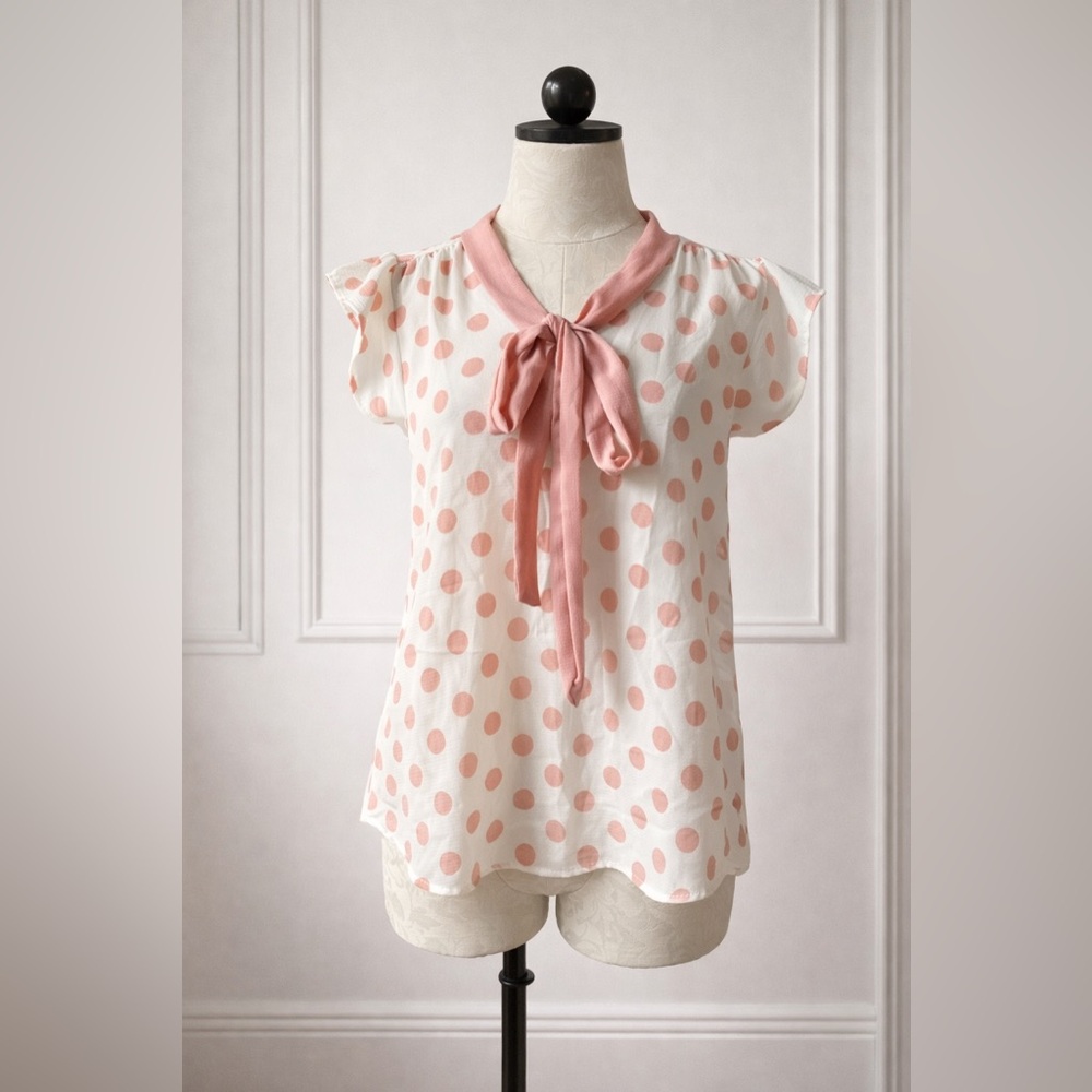 Blush Pink Polka Dot Tie-Neck Top